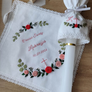 Szatka do Chrztu Świętego różana z krzyżem + profitka
