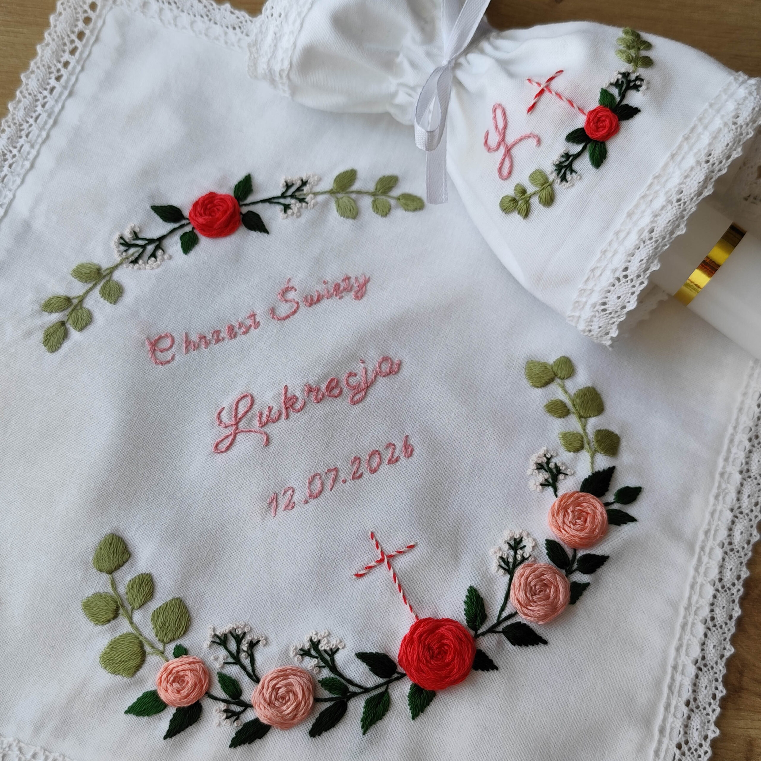 Szatka do Chrztu Świętego różana z krzyżem + profitka - obrazek 5